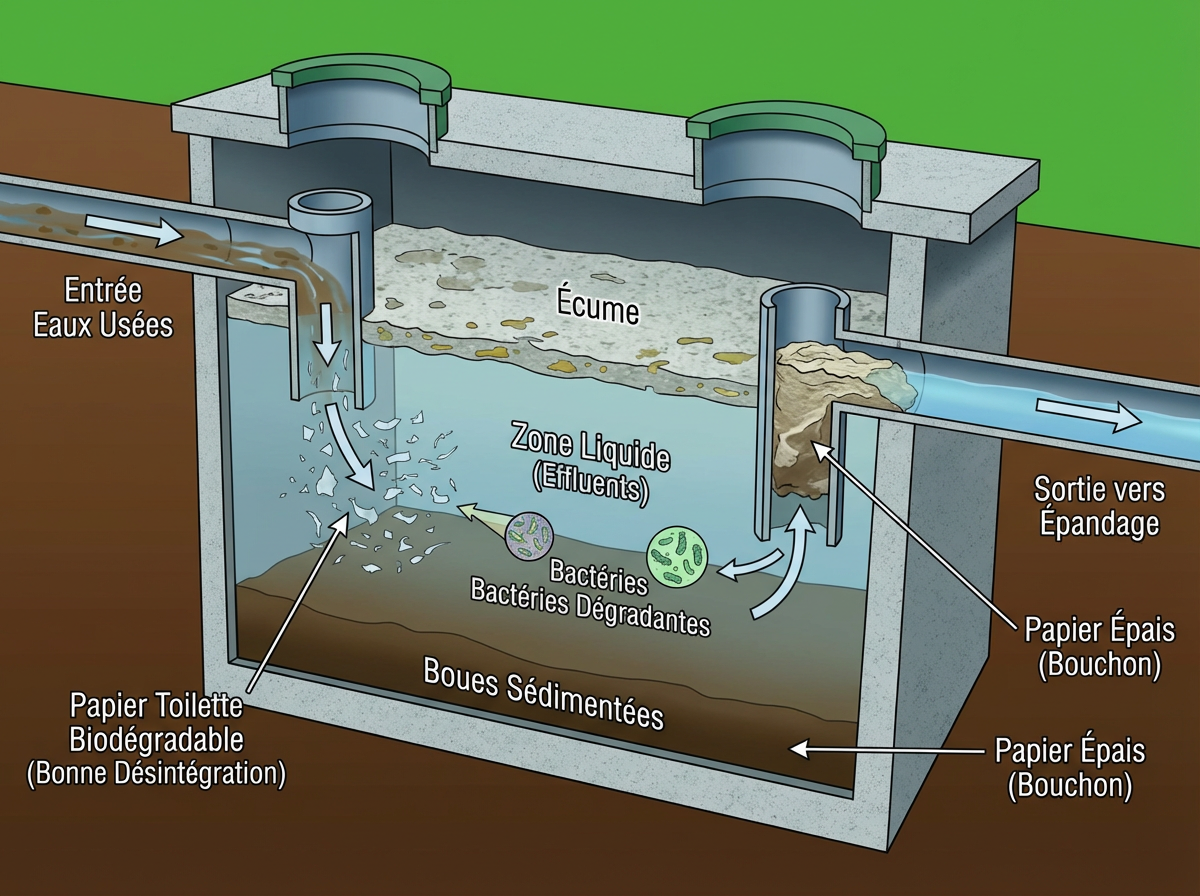 Schema 3D en coupe dune fosse septique residentielle avec bouchon papier toilette